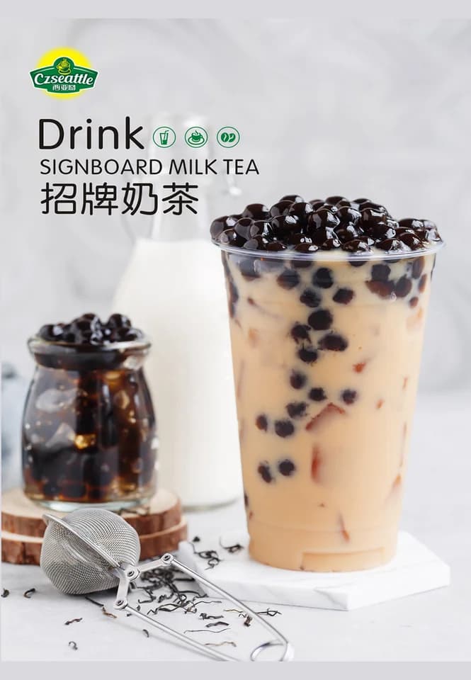 Original milk tea promotional image with tapioca pearls, a milk bottle and advertising text