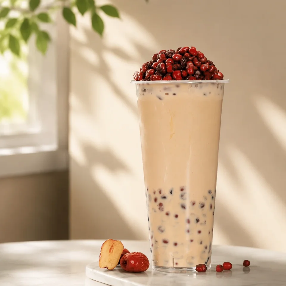 Enhanced red bean milk with dates on a table beside a softly lit window